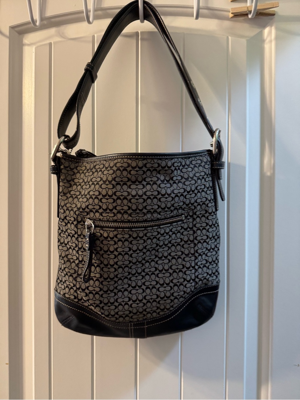 Coach Gray and Black Signature Canvas Shoulder Bag